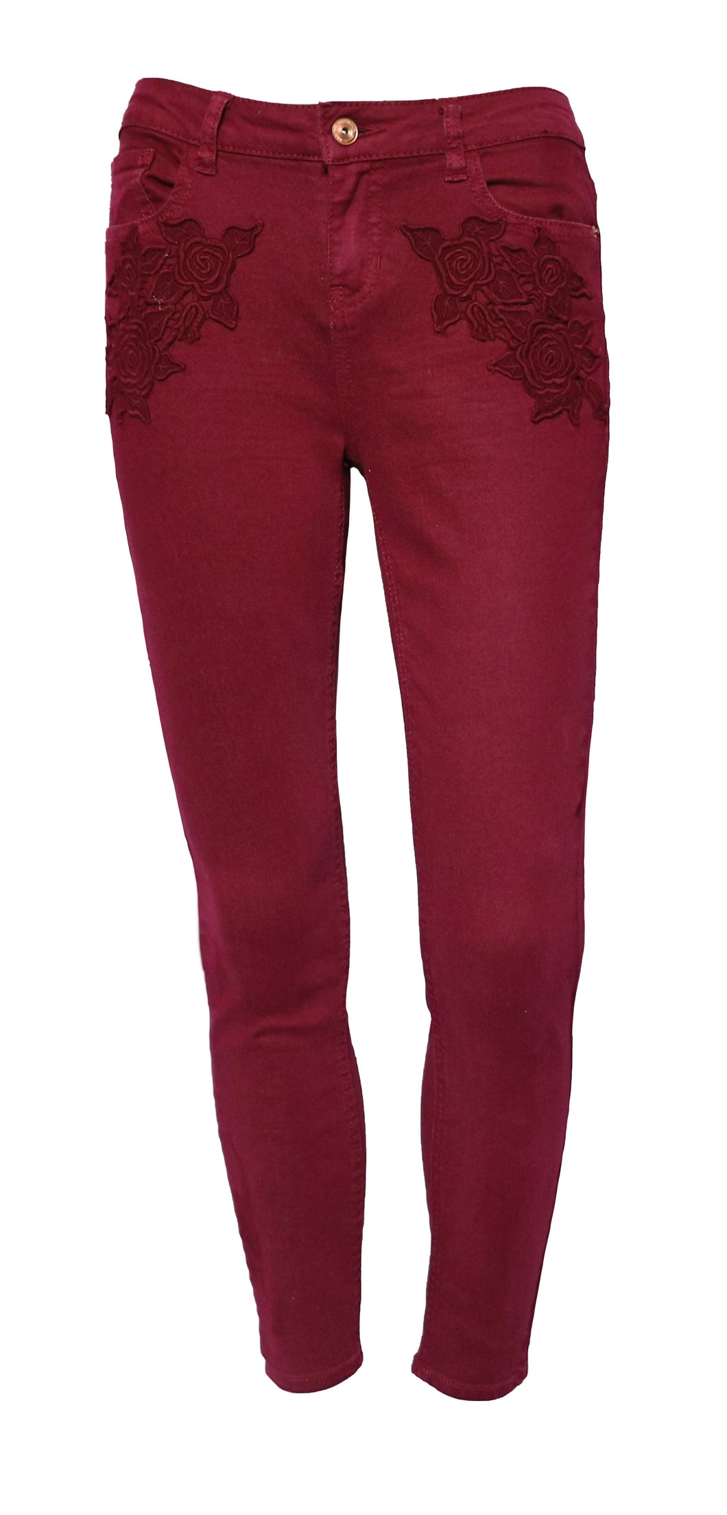 Burgundy mid-rise embroidery jeans