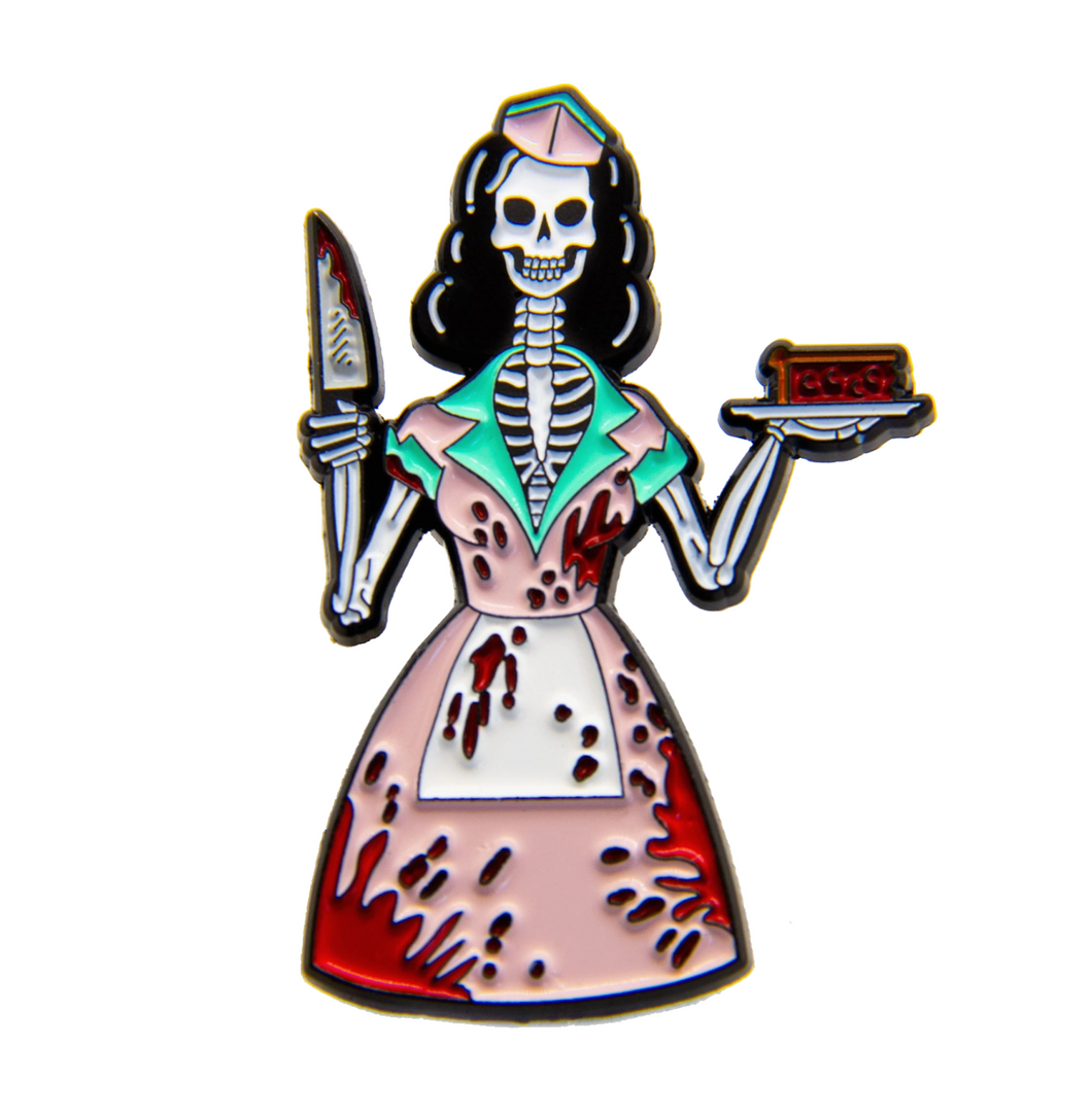 50's bloody skeleton waitress enamel pin